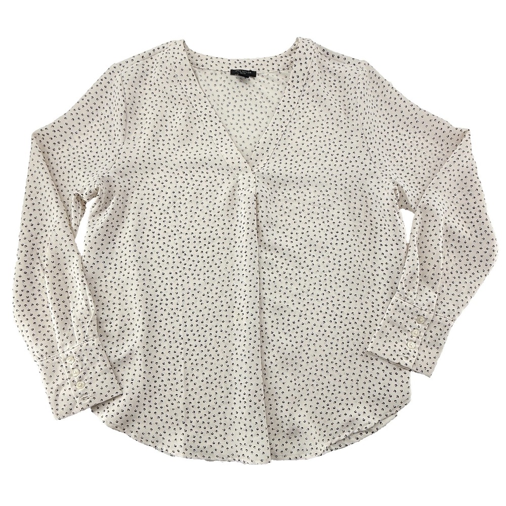 Ann Taylor Petite Blouse SP White Black Print Long Sleeve Work Top